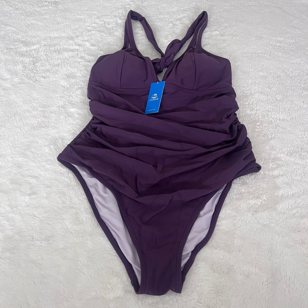 Cupshe Womens Purple Ruched One Piece Swimsuit Twist Front Size XL NWT